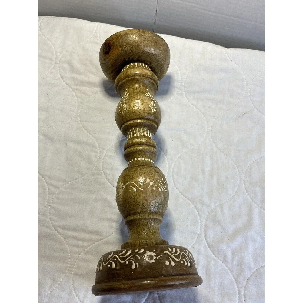 Wooden Hand painted Chunky Candle Holder, Column, 12” Tall